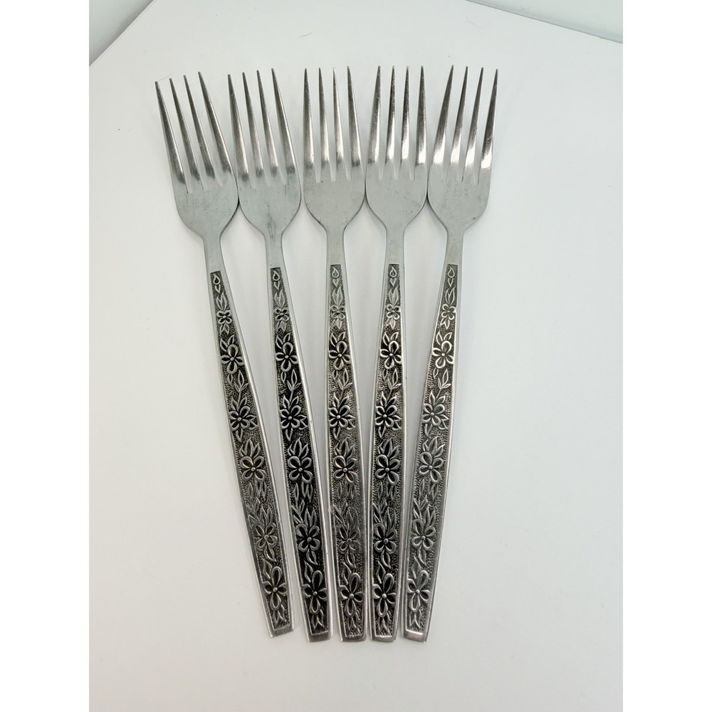 Stanley Roberts La Spana Stainless Embossed Flowers Lot of 5 Dinner Forks .